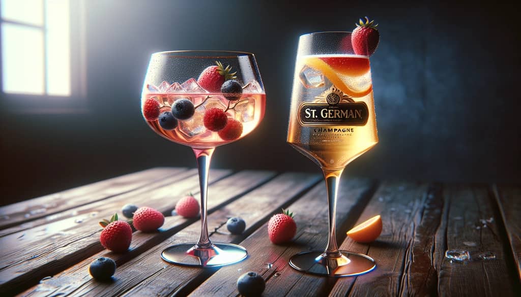 Two variations of St. Germain champagne cocktails featuring berries and orange juice for added flavor