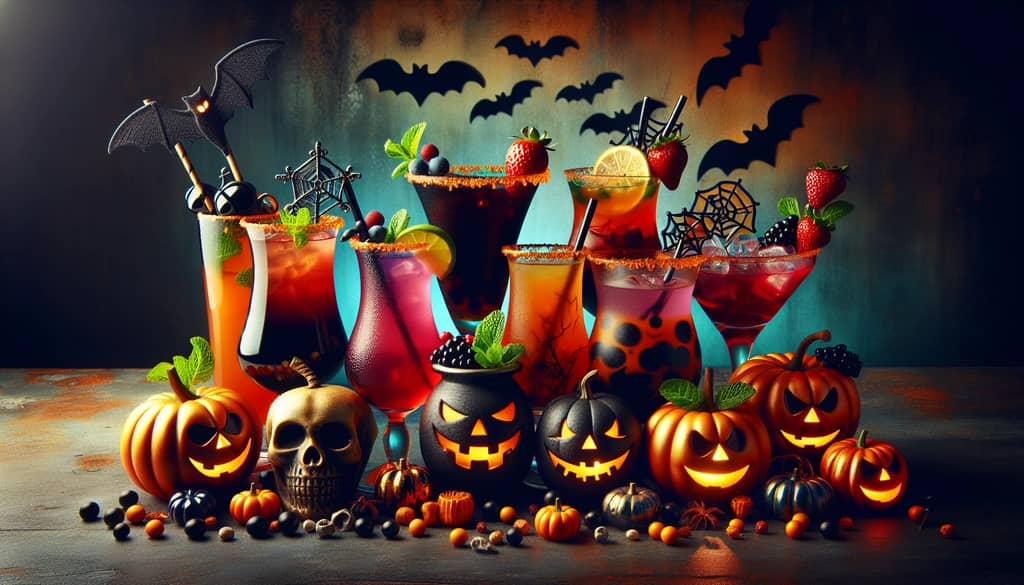 Unique Halloween cocktails with bold colors, spooky presentations, and mysterious flavors making them ideal for Halloween parties.
