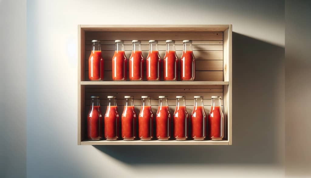 ungeöffnete Flaschen Tomatensaft im Vorratsregal