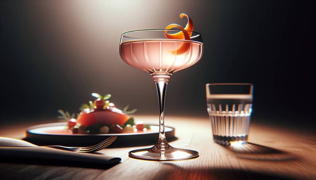 cocktail glass next to plated valentine's dinner