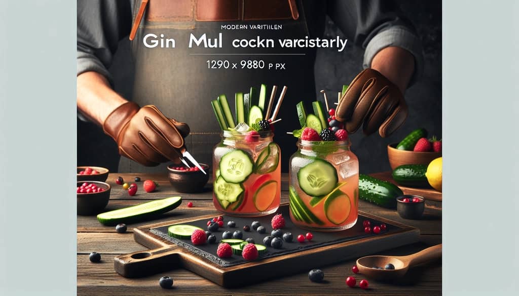 Various modern variations of the Gin Mule cocktail featuring fresh ingredients such as cucumbers, berries, and jalapeños, displayed creatively.