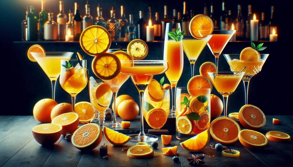 Various uses of oranges in cocktails, from juice to zest and slices, highlighting their versatility.