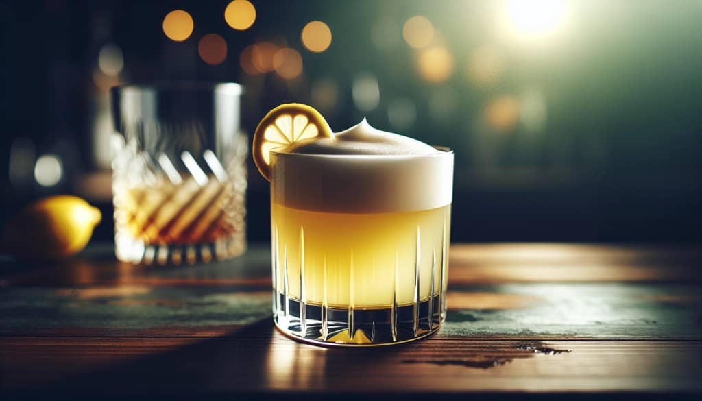 Vegan whiskey sour in old fashioned glass with lemon twist