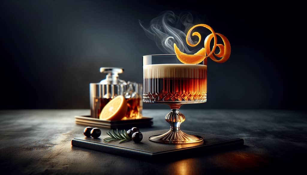 Velvet Revolver cocktail in a glass garnished with an orange twist, emphasizing chocolate and bourbon