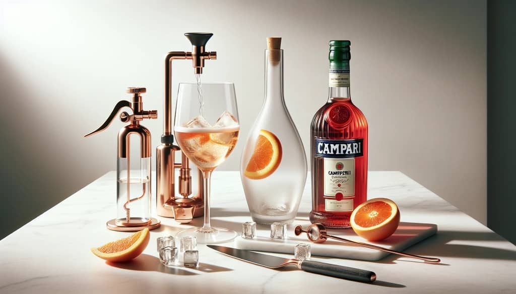 Venetian Spritz Campari ingredients on a marble surface
