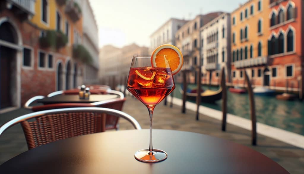 Venetian Spritz Campari on an outdoor table in Venice with canal