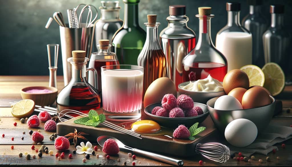 Vibrant ingredients with a focus on raspberry syrup and egg white for the Clover Club Southside Fizz