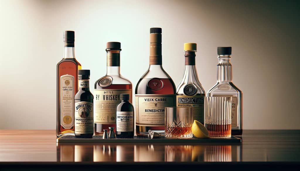 ingredients for a Vieux Carre cocktail on a bar