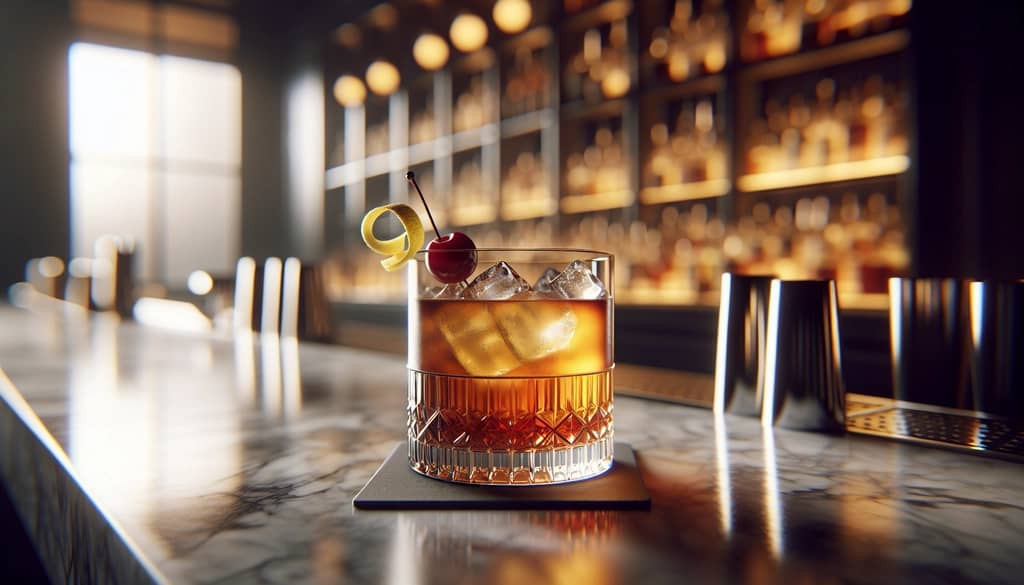 체리와 레몬 트위스트가 있는 록스 잔의 뷔 카레 칵테일