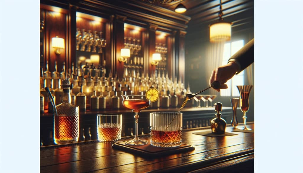 Vintage bar scene depicting the classic origins of the Bourbon Sidecar cocktail.