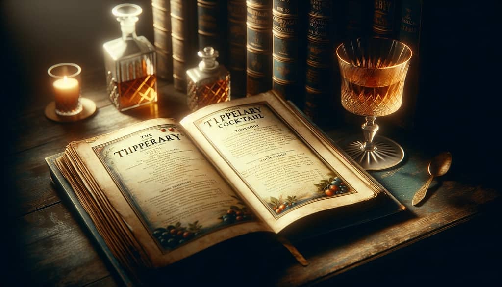 Vintage cocktail book displaying the original Tipperary cocktail recipe, highlighting its roots in early 20th-century mixology.