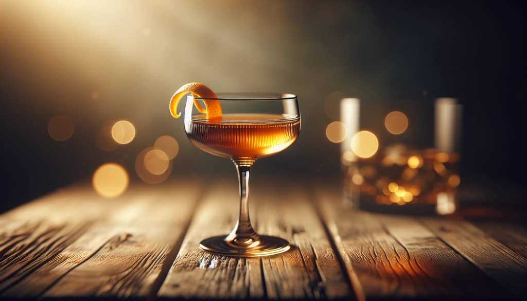 vintage cocktail with garnish on wooden table