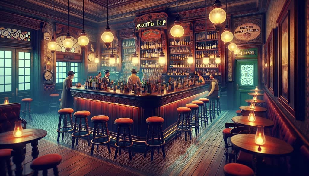 Vintage depiction of a classic European bar, reminiscent of where the Porto Flip was first enjoyed