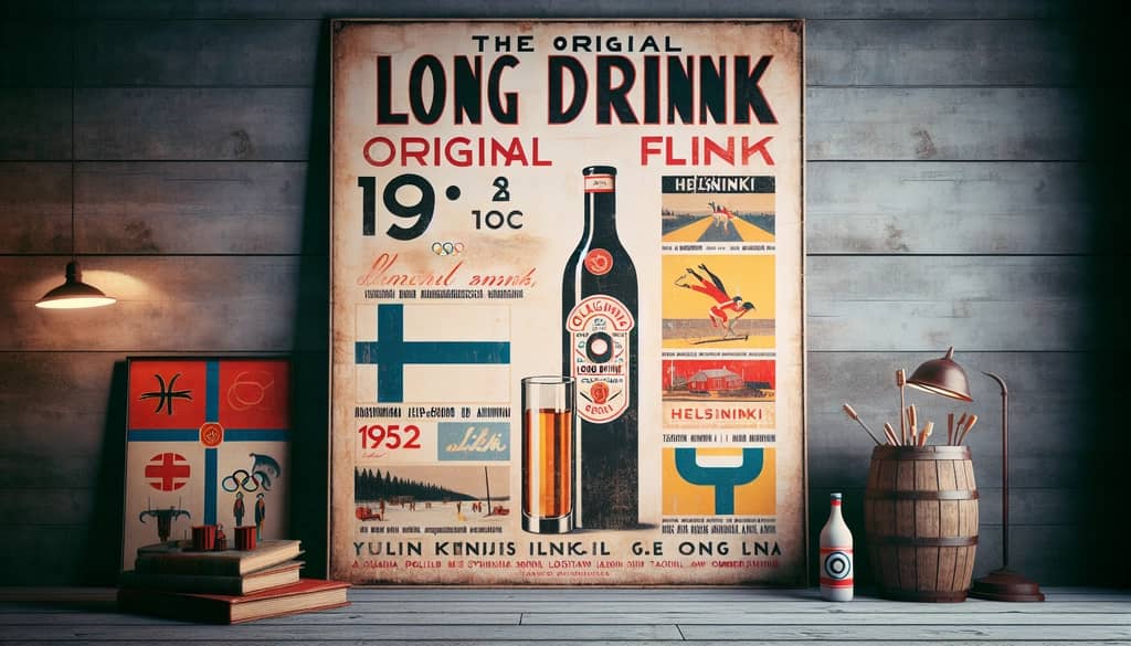 Vintage Finnish poster promoting the original long drink from the 1952 Helsinki Olympics