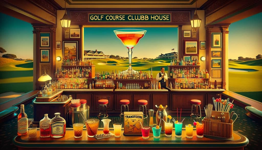 Vintage golf course clubhouse bar serving classic drinks, including the Transfusion cocktail.