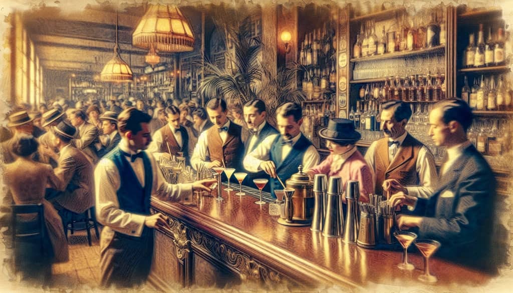 Vintage photo depicting bartenders in a Parisian bar during the Jazz Age, mixing cocktails with great flair.