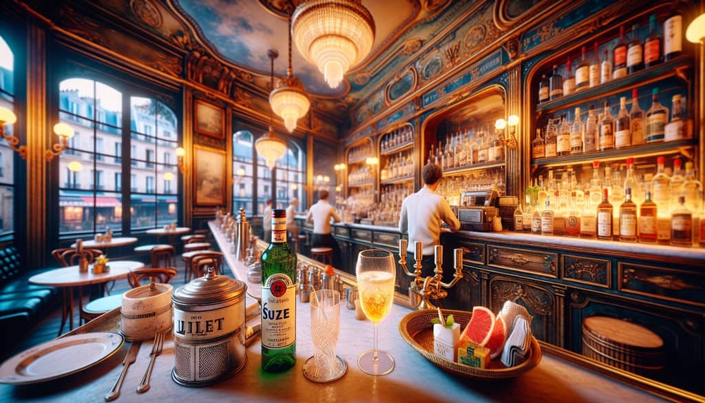 Vintage-style illustration depicting the birthplace of the White Negroni in a Parisian bar, with key ingredients like Suze and Lillet Blanc.