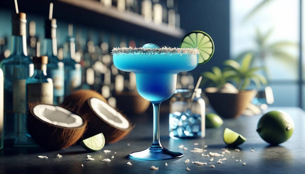 blue coconut margarita with toasted coconut rim and lime garnish on bar