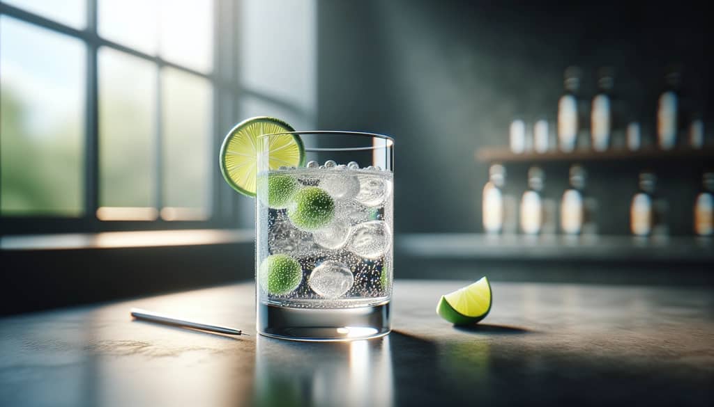 vodka tonic in highball glass with lime wedge