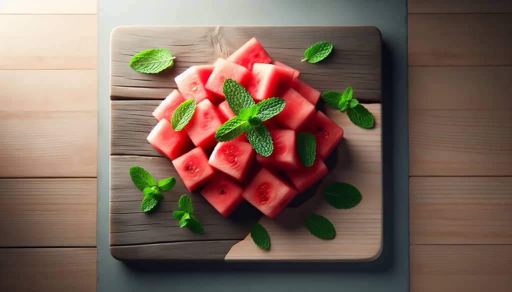 fresh watermelon cubes on chopping board with mint