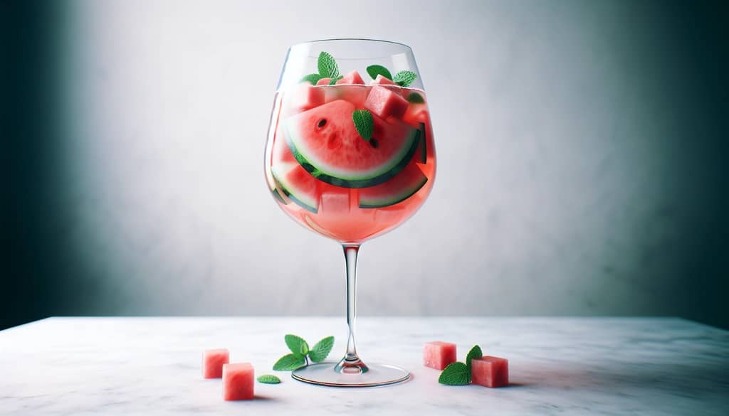 sangria infuse semangka dengan buah segar dalam gelas anggur