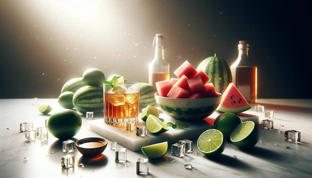 watermelon margarita ingredients on marble