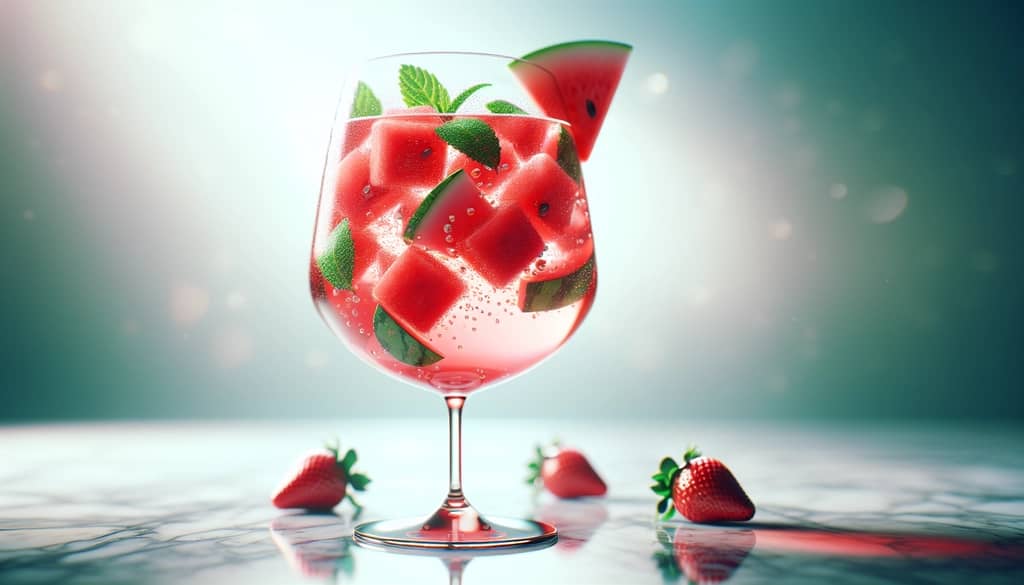 glass of watermelon moscato sangria with watermelon cubes and mint