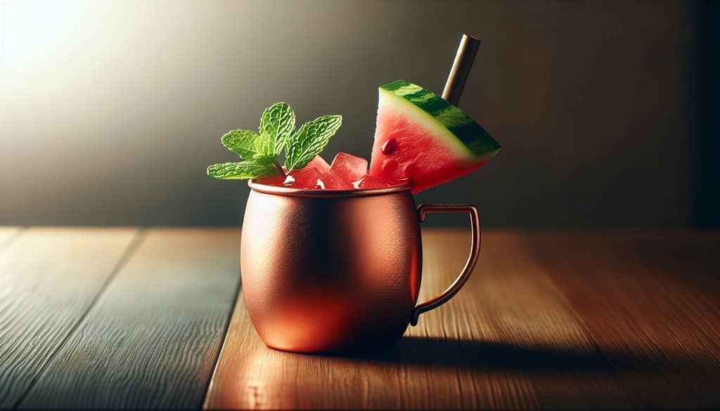 koktajl watermelon mule z owocową i ziołową dekoracją