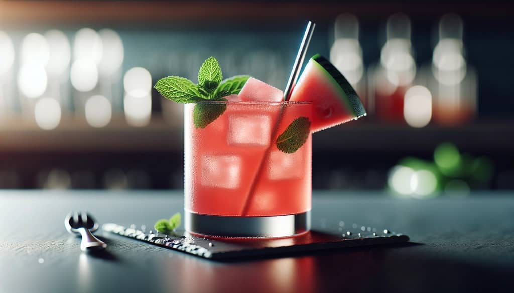 watermelon mule in rocks glass with mint and straw