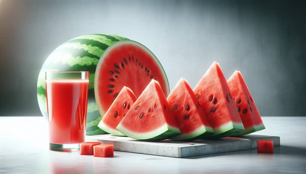 Watermelon slices and juice indicating hydrating properties and heart health benefits.