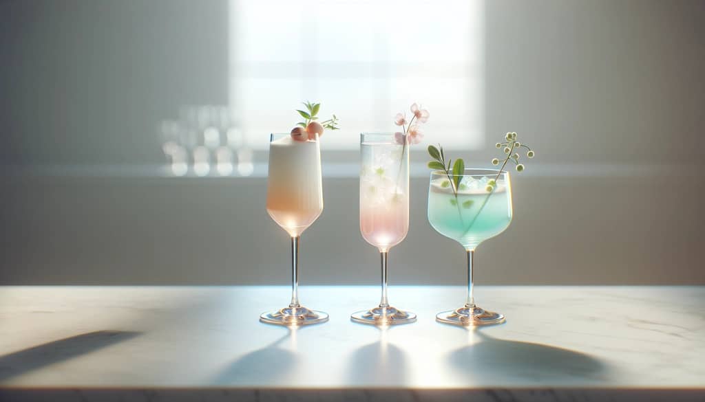 assorted wedding cocktails on marble bar