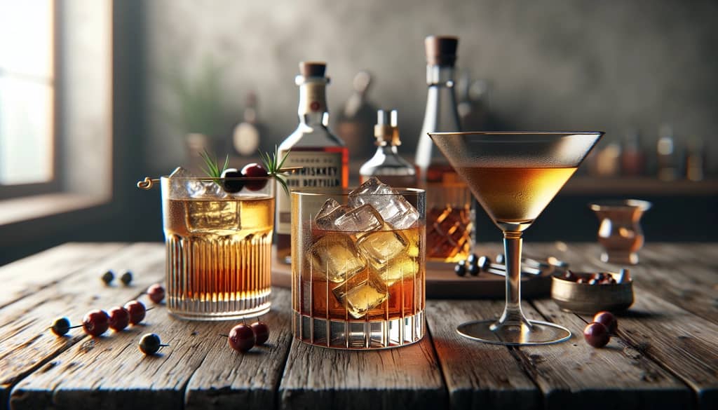 multiple whiskey cocktails in different glasses on wood