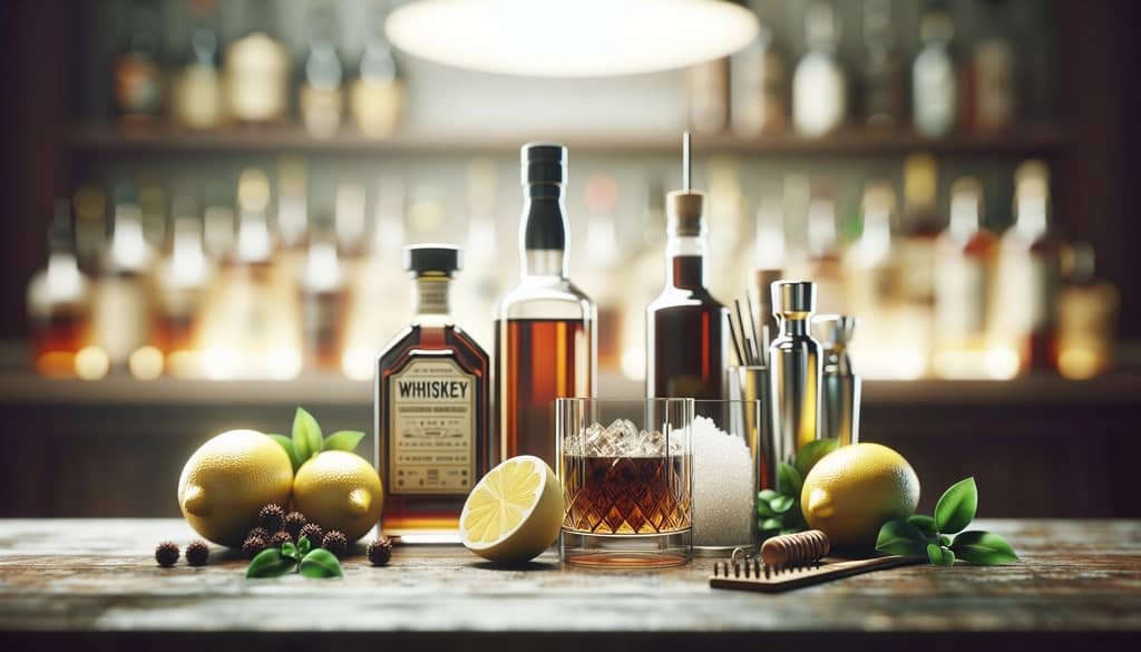 ingredients for whiskey cocktails on a wooden bar
