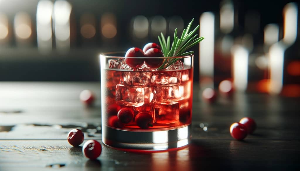 whiskey cranberry holiday cocktail with rosemary