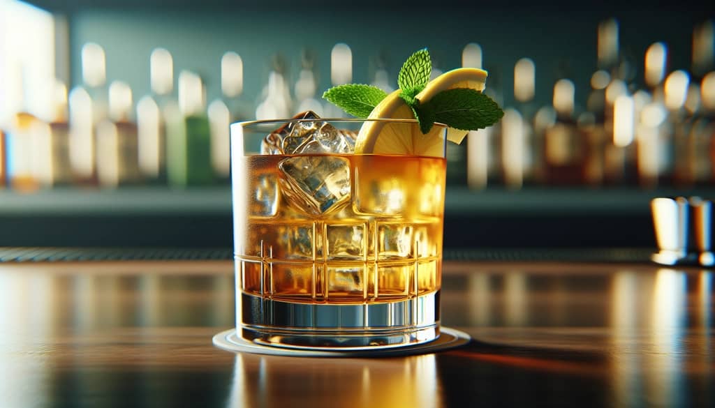 Whiskey Ginger Smash en vaso bajo con menta y limón
