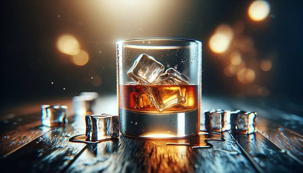 whiskey on ice in a clear glass rocks glass with condensation