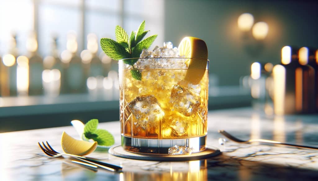 whiskey smash cocktail glass with lemon and mint