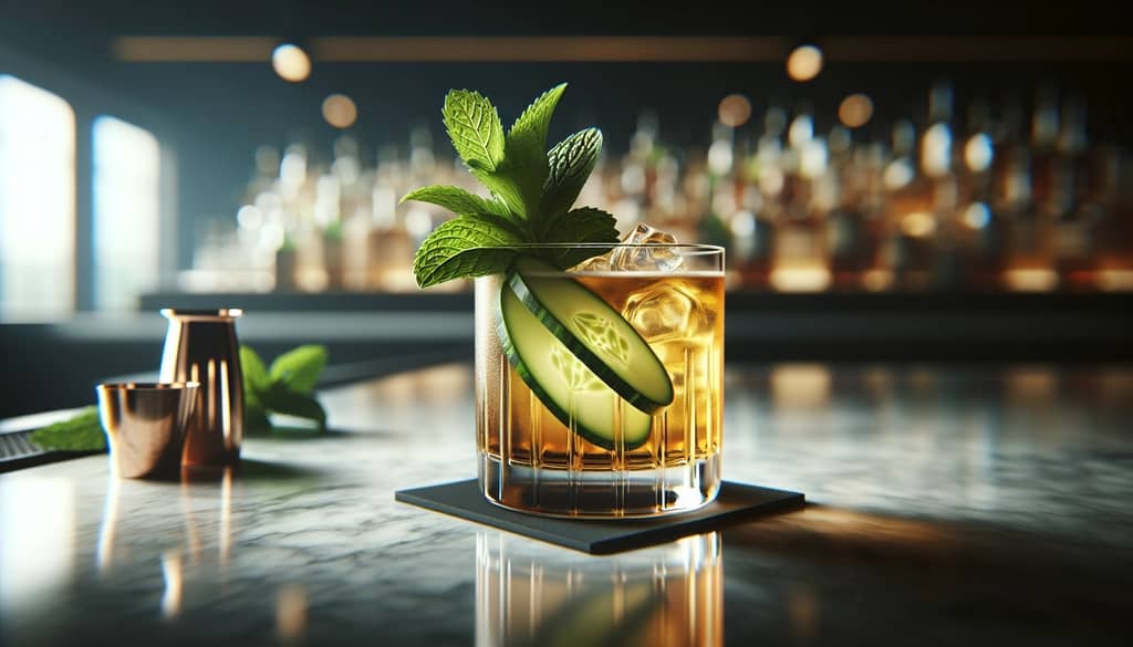 whiskey smash eastern standard cocktail with mint and cucumber garnish on marble