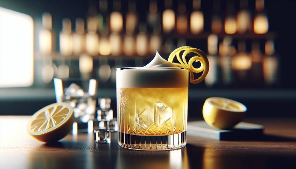 Classic whiskey sour in rocks glass with lemon twist