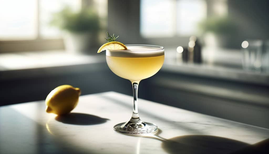 whiskey sour in coupe glass with foam and lemon twist