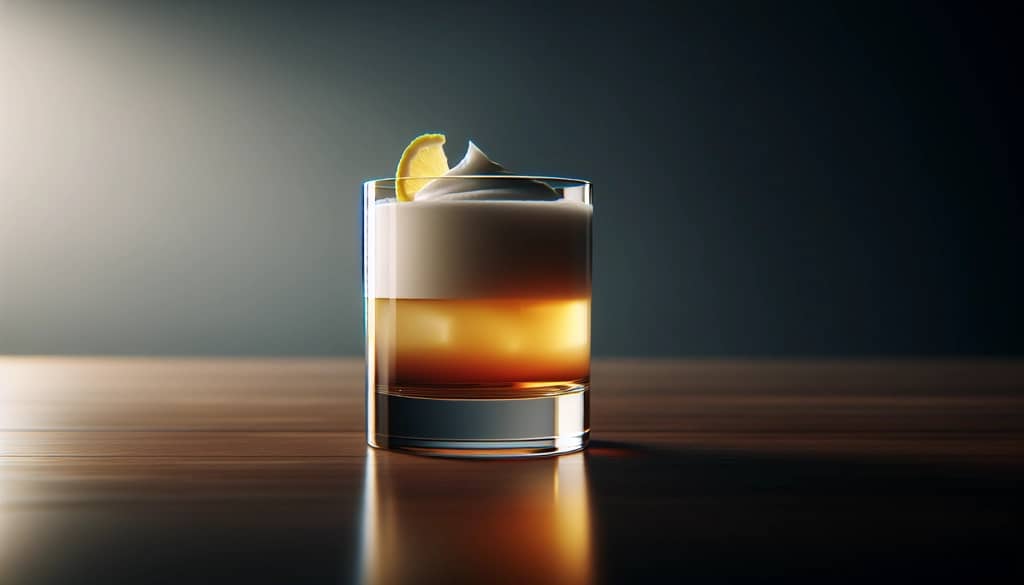 whiskey sour cocktail with frothy top and lemon twist