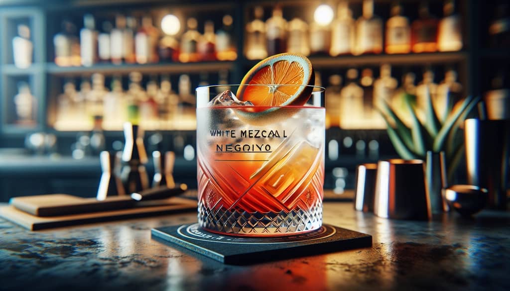 White Mezcal Negroni cocktail with a citrus twist, showcased in a glass reflecting its vibrant and innovative flavor profile