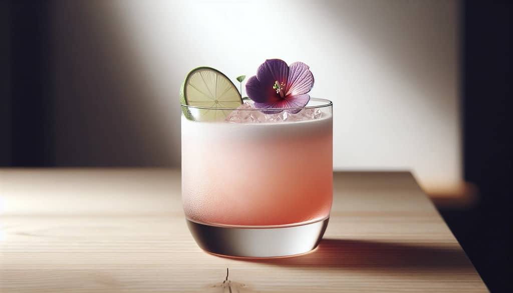 white peach hibiscus margarita styled with lime and flower garnish