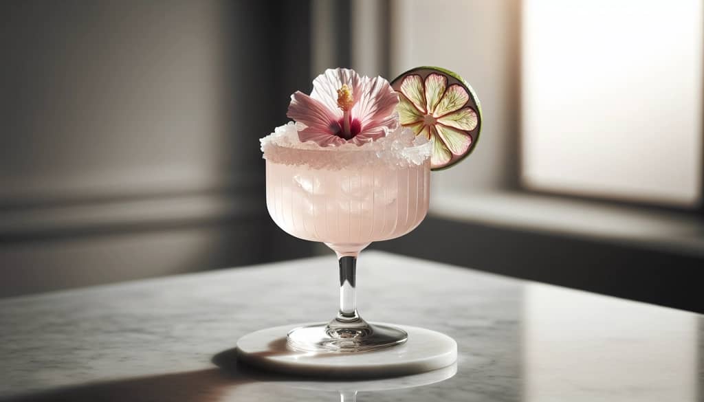 white peach hibiscus margarita in rocks glass with lime and edible flower garnish