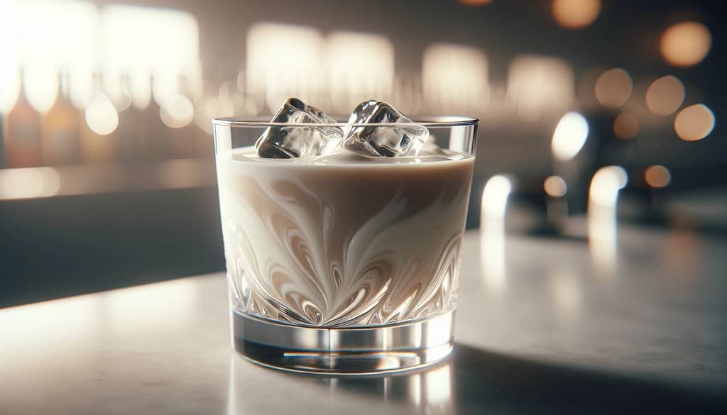 closeup of creamy white russian in glass with ice and swirl of milk