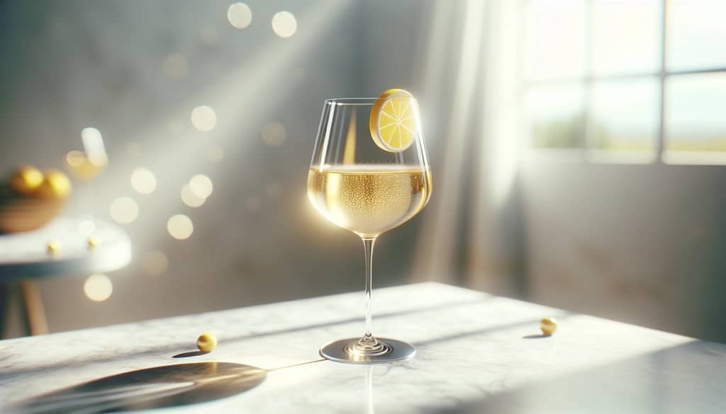 레몬 조각이 있는 와인 잔에 화이트 와인 스프리처