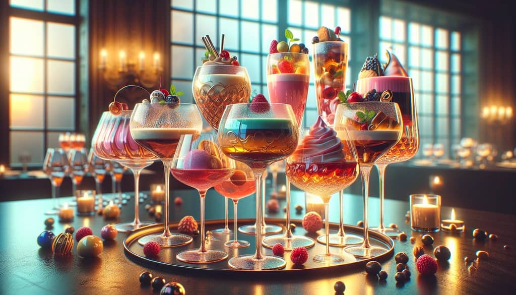 Wine glasses creatively used for serving cocktails and desserts to add a touch of elegance.