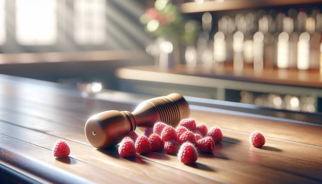 wood muddler with fresh raspberries on bar