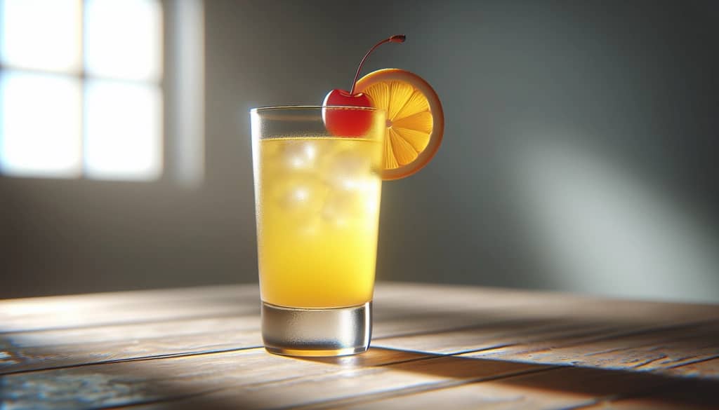 yellow bird cocktail closeup with cherry garnish
