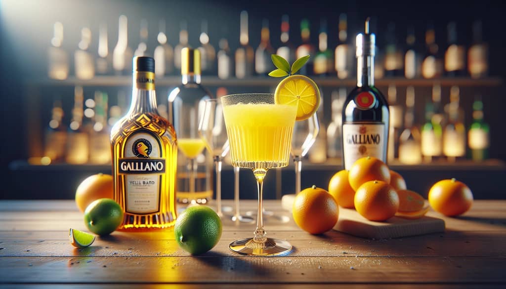 vibrant yellow bird cocktail citrus and galliano bottle